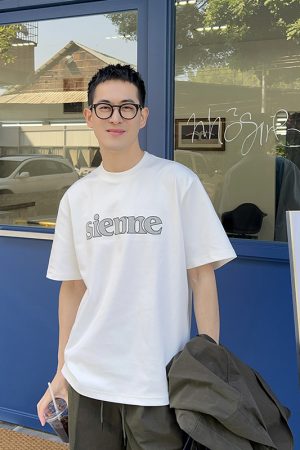 Korean Style Letter Embroidery Short Sleeve T-Shirt for Men - Summer Casual Loose Versatile Top