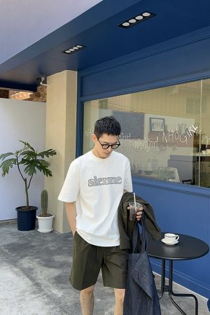 Korean Style Letter Embroidery Short Sleeve T-Shirt for Men - Summer Casual Loose Versatile Top