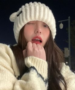Korean Style Little Bear Ear Knitted Wool Hat for Women - Warm, Cold-Resistant, Versatile Autumn & Winter Fashion Accessory