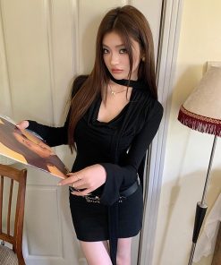 Korean Style Long Sleeve Bodycon Dress for Women - Autumn Waist-Cinching Slim Fit Goddess Dress