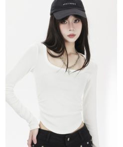 Korean Style Long Sleeve White Base Layer Top for Women, Spring 2025 Fashion for Petite Figures, Women's T-Shirt