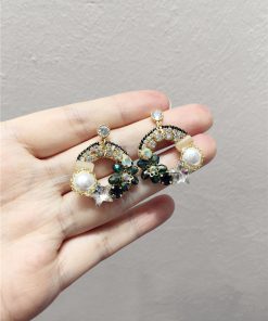 Korean-Style Luxurious Handmade Faux Pearl & Crystal Flower Star Earrings - Diamond-Studded Circular Ear Drops for Evening Wear