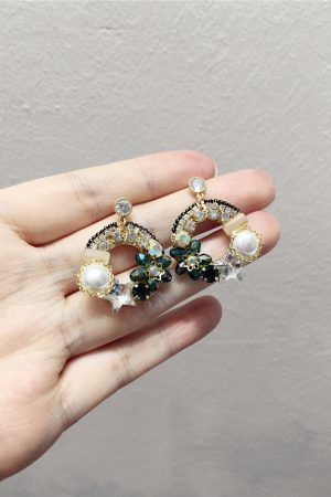 Korean-Style Luxurious Handmade Faux Pearl & Crystal Flower Star Earrings - Diamond-Studded Circular Ear Drops for Evening Wear