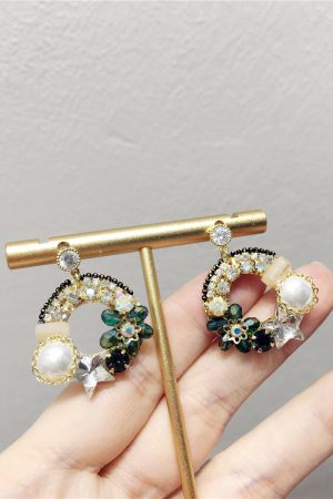 Korean-Style Luxurious Handmade Faux Pearl & Crystal Flower Star Earrings - Diamond-Studded Circular Ear Drops for Evening Wear