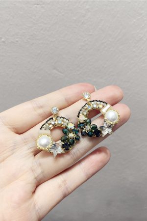 Korean-Style Luxurious Handmade Faux Pearl & Crystal Flower Star Earrings - Diamond-Studded Circular Ear Drops for Evening Wear