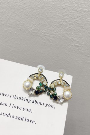 Korean-Style Luxurious Handmade Faux Pearl & Crystal Flower Star Earrings - Diamond-Studded Circular Ear Drops for Evening Wear