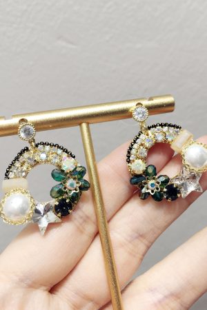Korean-Style Luxurious Handmade Faux Pearl & Crystal Flower Star Earrings - Diamond-Studded Circular Ear Drops for Evening Wear