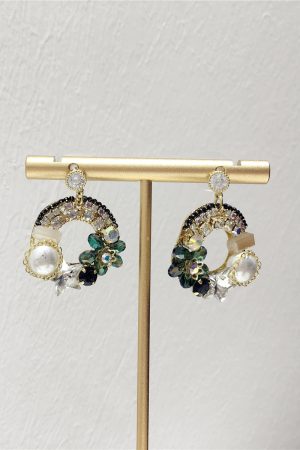 Korean-Style Luxurious Handmade Faux Pearl & Crystal Flower Star Earrings - Diamond-Studded Circular Ear Drops for Evening Wear