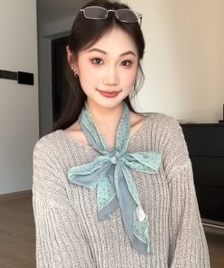Korean-Style Matcha Mint Green Mesh Silk Scarf - Elegant Long Thin Neck Accessory for Spring and Summer