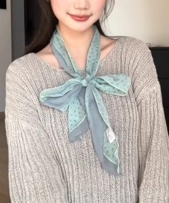 Korean-Style Matcha Mint Green Mesh Silk Scarf - Elegant Long Thin Neck Accessory for Spring and Summer