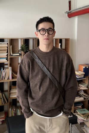 Korean Style Men's Long Sleeve Coffee Color Pullover Sweater - Soft, Loose Fit Round Neck for Autumn Winter Fashion
