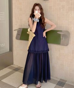 Korean Style Mesh Spliced Dress for Women - Elegant Tank Dress, 2025 Summer Fashion, Stylish and Flattering Design