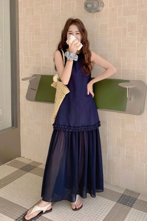 Korean Style Mesh Spliced Dress for Women - Elegant Tank Dress, 2025 Summer Fashion, Stylish and Flattering Design