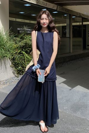 Korean Style Mesh Spliced Dress for Women - Elegant Tank Dress, 2025 Summer Fashion, Stylish and Flattering Design