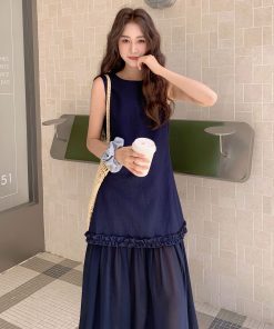 Korean Style Mesh Spliced Dress for Women - Elegant Tank Dress, 2025 Summer Fashion, Stylish and Flattering Design