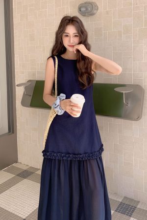 Korean Style Mesh Spliced Dress for Women - Elegant Tank Dress, 2025 Summer Fashion, Stylish and Flattering Design