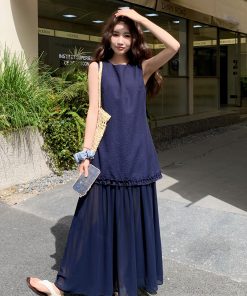 Korean Style Mesh Spliced Dress for Women - Elegant Tank Dress, 2025 Summer Fashion, Stylish and Flattering Design