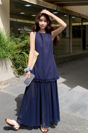 Korean Style Mesh Spliced Dress for Women - Elegant Tank Dress, 2025 Summer Fashion, Stylish and Flattering Design