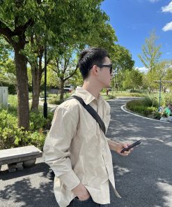 Korean Style Minimalist Apricot Yellow Washed Cotton Shirt Jacket for Men - Autumn Cleanfit Fashion Top