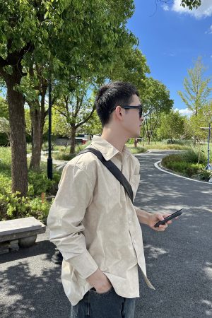 Korean Style Minimalist Apricot Yellow Washed Cotton Shirt Jacket for Men - Autumn Cleanfit Fashion Top