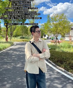 Korean Style Minimalist Apricot Yellow Washed Cotton Shirt Jacket for Men - Autumn Cleanfit Fashion Top