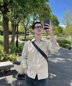 Korean Style Minimalist Apricot Yellow Washed Cotton Shirt Jacket for Men - Autumn Cleanfit Fashion Top