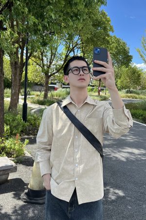 Korean Style Minimalist Apricot Yellow Washed Cotton Shirt Jacket for Men - Autumn Cleanfit Fashion Top