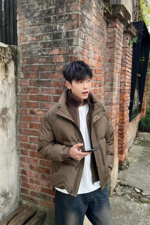 Korean Style Minimalist Coffee Faux Two-Piece Down Jacket for Men - Casual Autumn Winter Cleanfit Outerwear