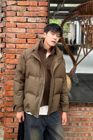 Korean Style Minimalist Coffee Faux Two-Piece Down Jacket for Men - Casual Autumn Winter Cleanfit Outerwear