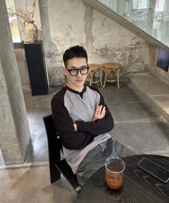 Korean Style Minimalist Color Block Corn Grid Raglan T-Shirt for Men - Loose Casual Autumn Winter Base Layer Top