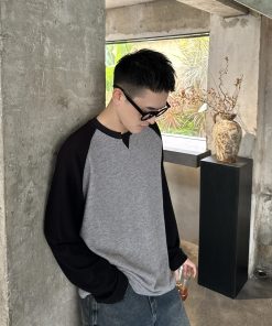 Korean Style Minimalist Color Block Corn Grid Raglan T-Shirt for Men - Loose Casual Autumn Winter Base Layer Top