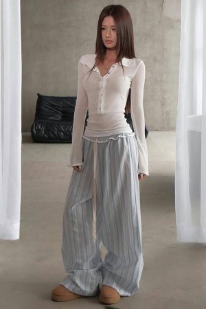 Korean-Style Minimalist Color-Blocking Vertical Striped Loose Wide-Leg Low-Waist Ruffled Drawstring Casual Pants