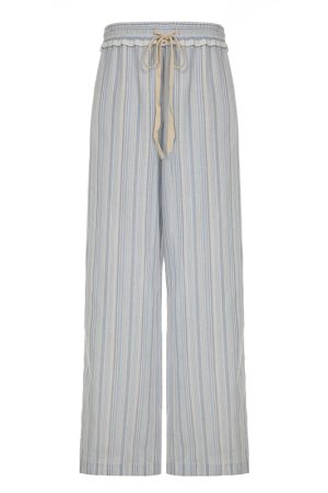 Korean-Style Minimalist Color-Blocking Vertical Striped Loose Wide-Leg Low-Waist Ruffled Drawstring Casual Pants