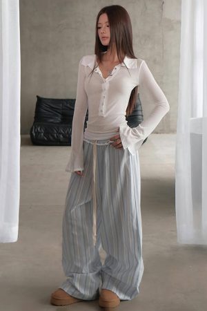 Korean-Style Minimalist Color-Blocking Vertical Striped Loose Wide-Leg Low-Waist Ruffled Drawstring Casual Pants