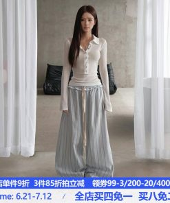 Korean-Style Minimalist Color-Blocking Vertical Striped Loose Wide-Leg Low-Waist Ruffled Drawstring Casual Pants