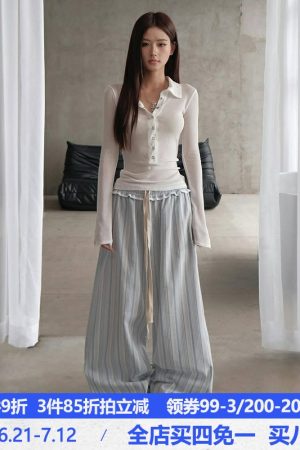 Korean-Style Minimalist Color-Blocking Vertical Striped Loose Wide-Leg Low-Waist Ruffled Drawstring Casual Pants