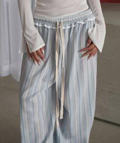 Korean-Style Minimalist Color-Blocking Vertical Striped Loose Wide-Leg Low-Waist Ruffled Drawstring Casual Pants