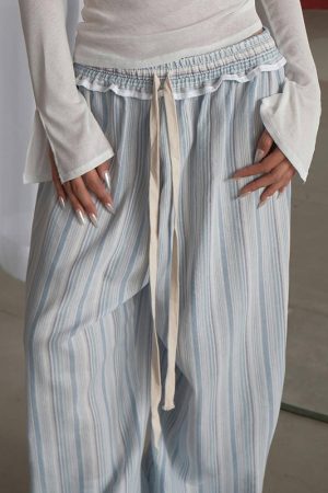 Korean-Style Minimalist Color-Blocking Vertical Striped Loose Wide-Leg Low-Waist Ruffled Drawstring Casual Pants