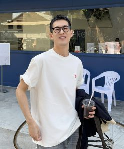 Korean Style Minimalist Embroidered Heart T-Shirt for Men - Short Sleeve Loose Casual Top