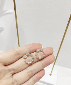 Korean Style Minimalist Hollow Round Geometric S925 Silver Needle Earrings with Diamond Accents