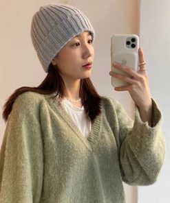 Korean Style Multi-Color Wide Ribbed Angora Rabbit Hair Yarn Hat for Winter Fashion