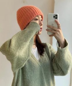 Korean Style Multi-Color Wide Ribbed Angora Rabbit Hair Yarn Hat for Winter Fashion
