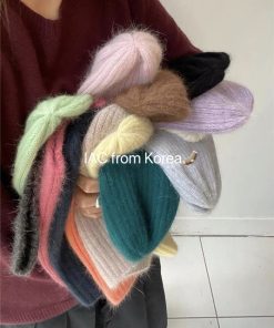 Korean Style Multi-Color Wide Ribbed Angora Rabbit Hair Yarn Hat for Winter Fashion