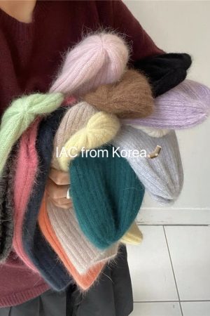 Korean Style Multi-Color Wide Ribbed Angora Rabbit Hair Yarn Hat for Winter Fashion
