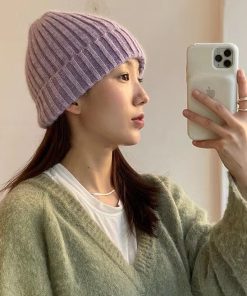 Korean Style Multi-Color Wide Ribbed Angora Rabbit Hair Yarn Hat for Winter Fashion