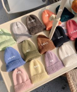 Korean Style Multi-Color Wide Ribbed Angora Rabbit Hair Yarn Hat for Winter Fashion