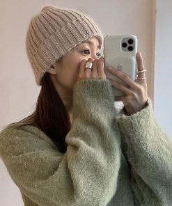 Korean Style Multi-Color Wide Ribbed Angora Rabbit Hair Yarn Hat for Winter Fashion