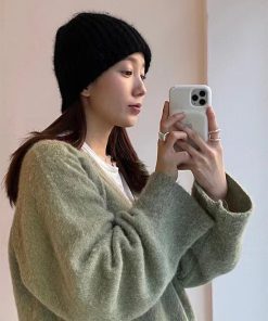 Korean Style Multi-Color Wide Ribbed Angora Rabbit Hair Yarn Hat for Winter Fashion
