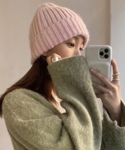 Korean Style Multi-Color Wide Ribbed Angora Rabbit Hair Yarn Hat for Winter Fashion