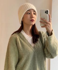 Korean Style Multi-Color Wide Ribbed Angora Rabbit Hair Yarn Hat for Winter Fashion